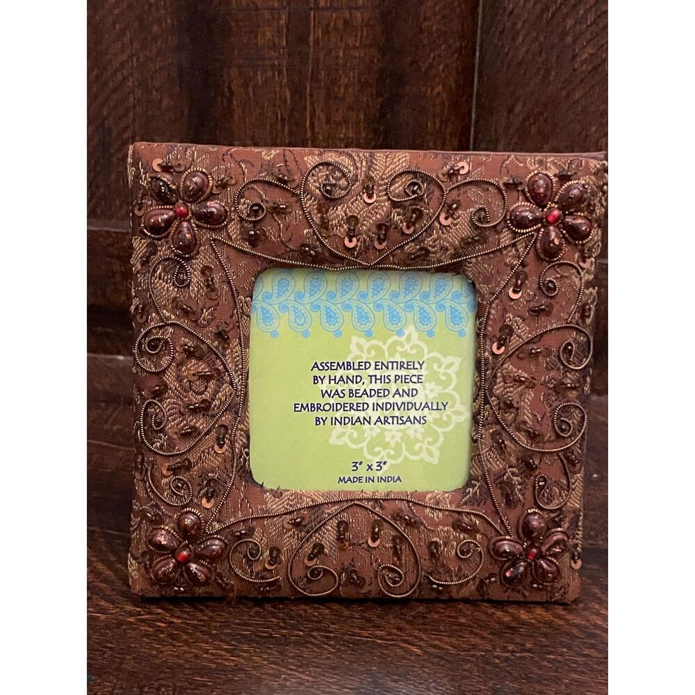 Handmade Indian Beaded Embroidered Photo Frame 3x3 Zari Floral Boho Brown